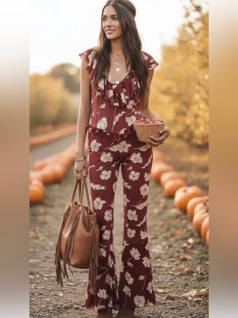Free People Austyn One Piece Floral Boho Flare Bell Bottoms Leg Ruffle Jumpsuit